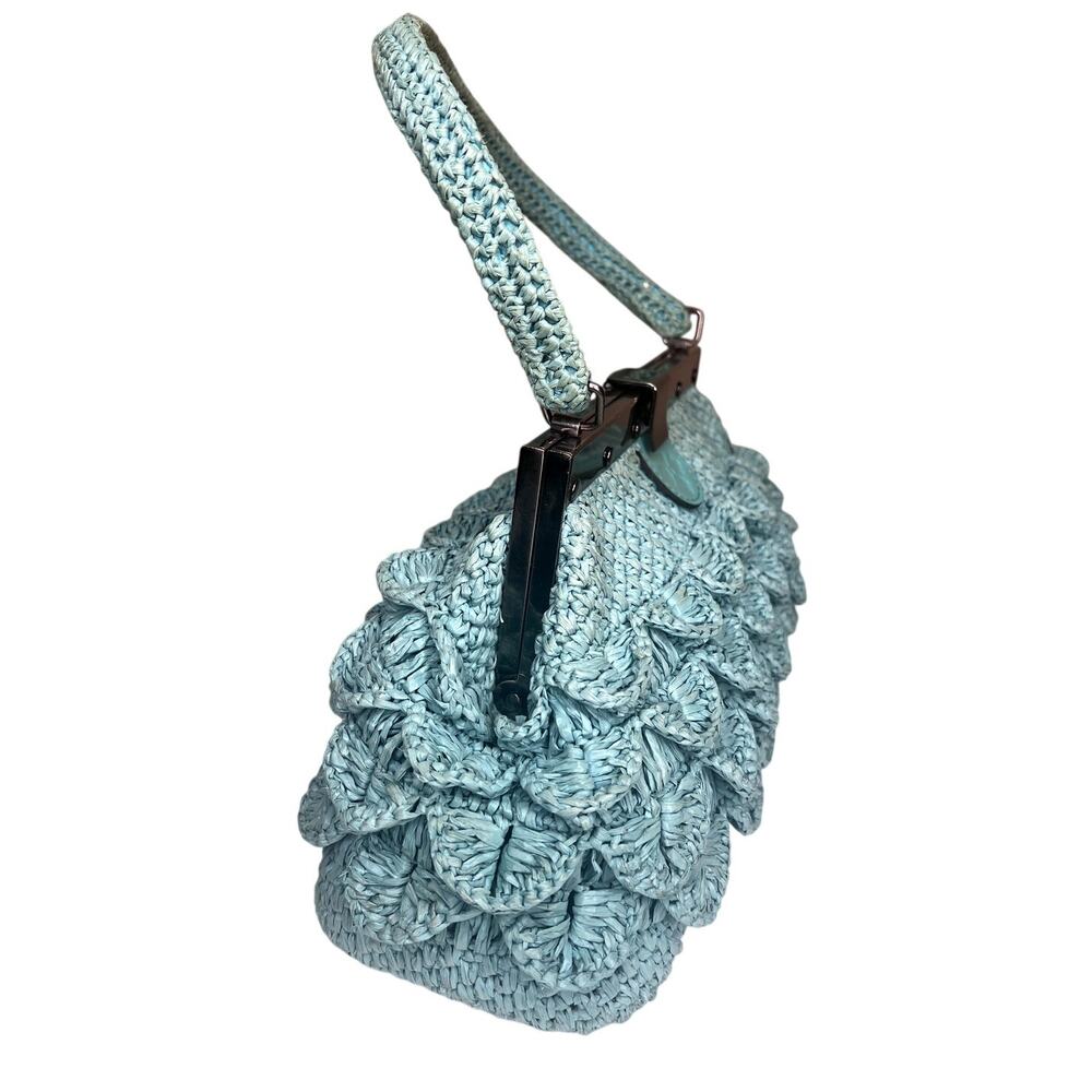 Patricia Nash Aqua Woven Raffia Frame Bag Scalloped Crochet Handbag Turquoise - Picture 2 of 7